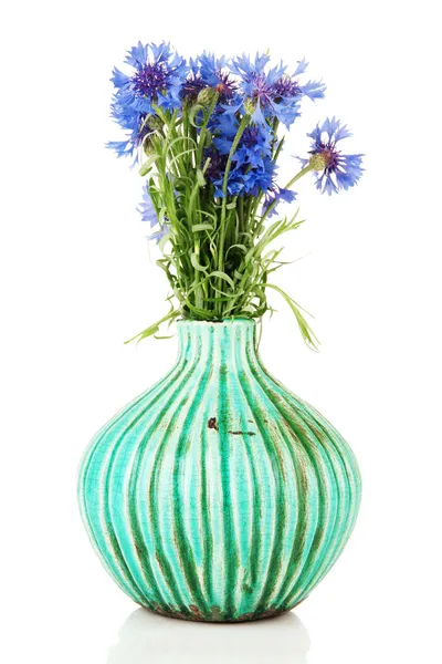 Beautiful bouquet of cornflowers in vase, isolated on white — Stock Photo, Image