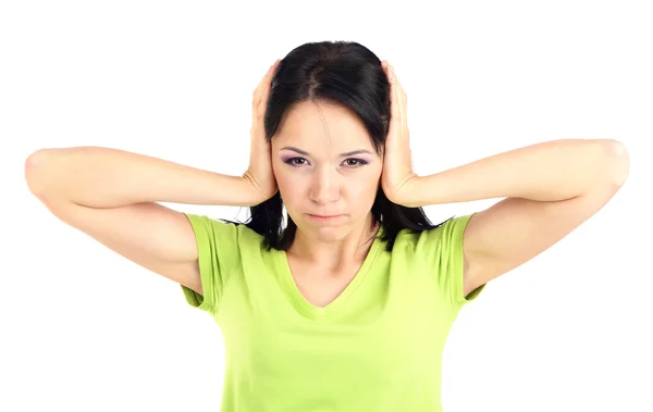 Flickan stänger öron isolerad på vit — Stockfoto