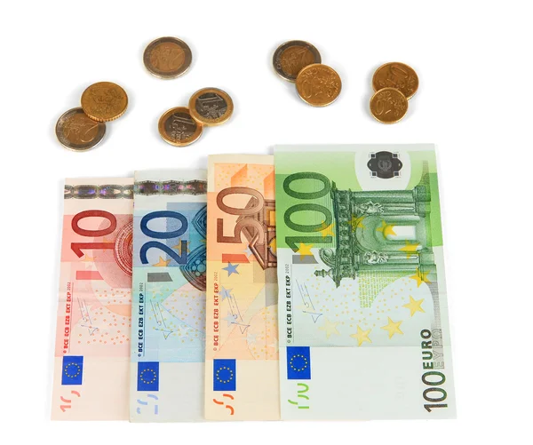 Euro banknotes and euro cents isolated on white — Stock Photo, Image
