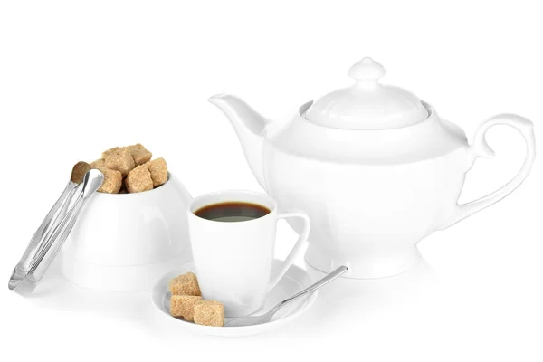 Cup of coffee, sugar-bowl and teapot isolated on white — Stock Photo, Image