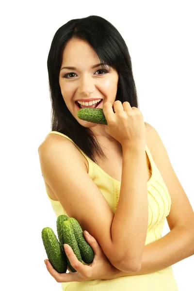Girl with fresh cucumbers isolated on white — Stock Photo, Image