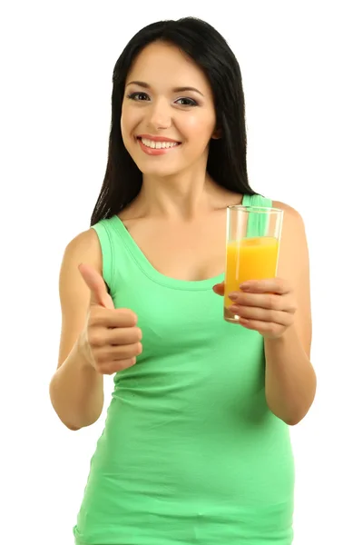 Menina com suco de laranja fresco isolado no branco — Fotografia de Stock