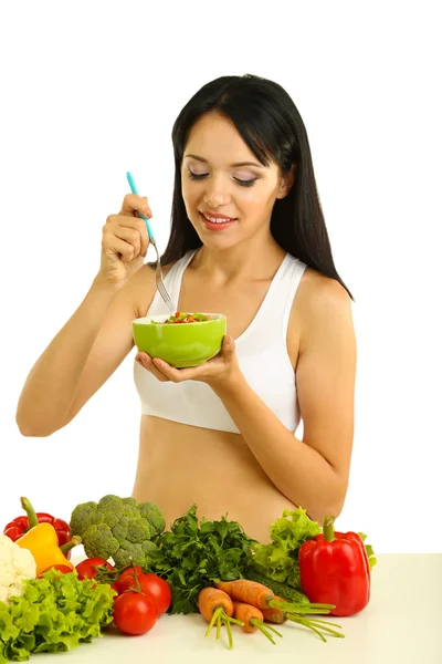 Mädchen mit Salat isoliert auf weiß — Stockfoto