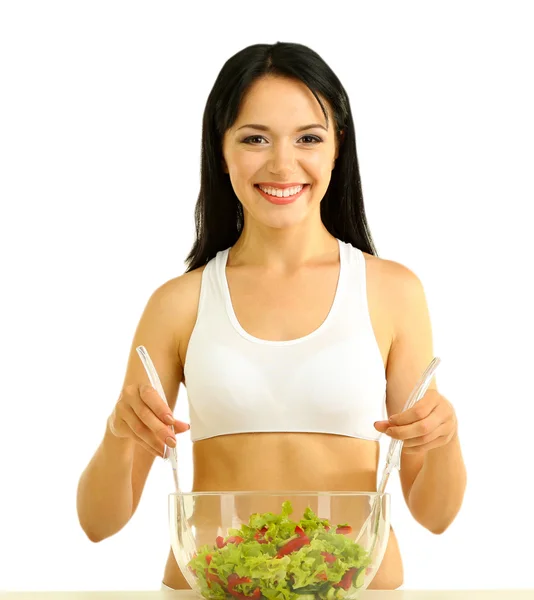 Girl with salad isolated on white — Stock Photo, Image