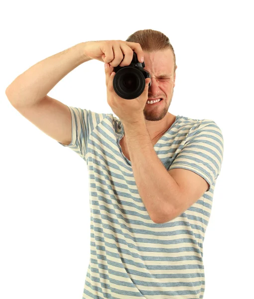 Fotógrafo bonito com câmera, isolado em branco — Fotografia de Stock