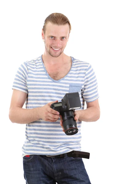 Knappe fotograaf met camera, geïsoleerd op wit — Stockfoto