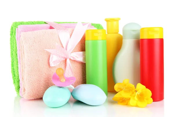Baby cosmetics, towels and soap, isolated on white — Stock Photo, Image
