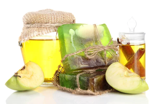 Hand made soap and ingredients for soap making, isolated on white — Stock Photo, Image