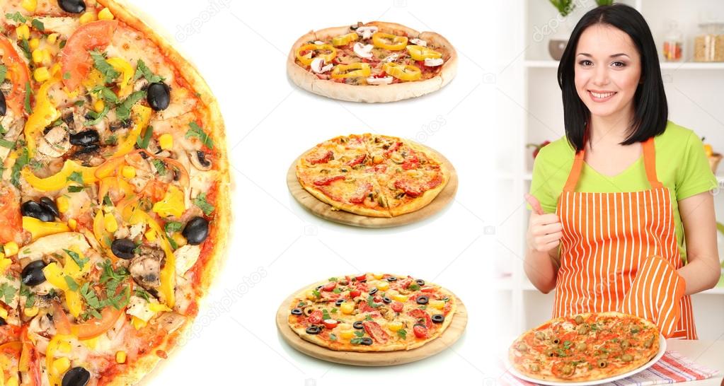 Girl housewife with delicious pizzas
