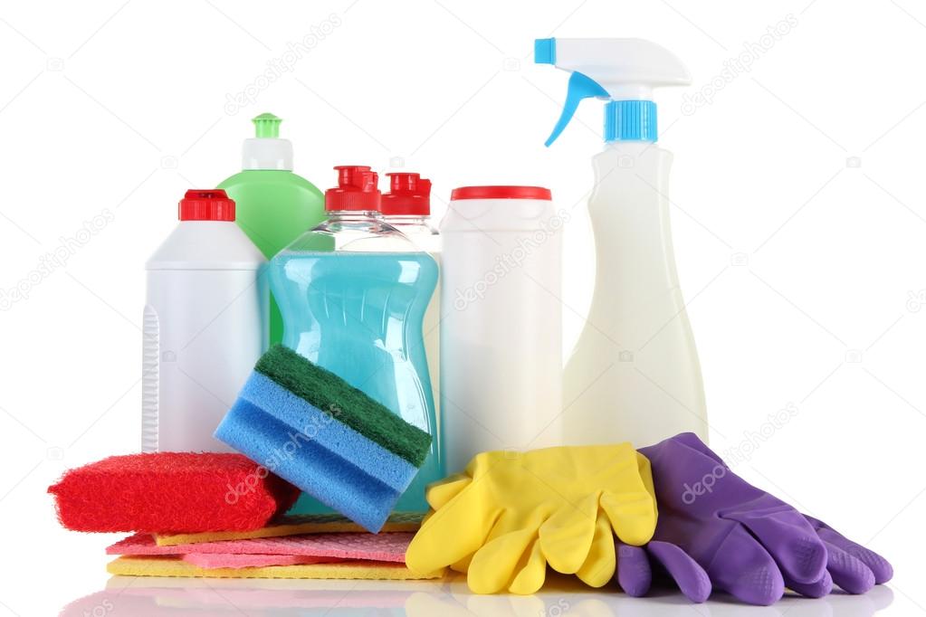 Bottles of dishwashing liquid and kitchen cleaners, isolated on white