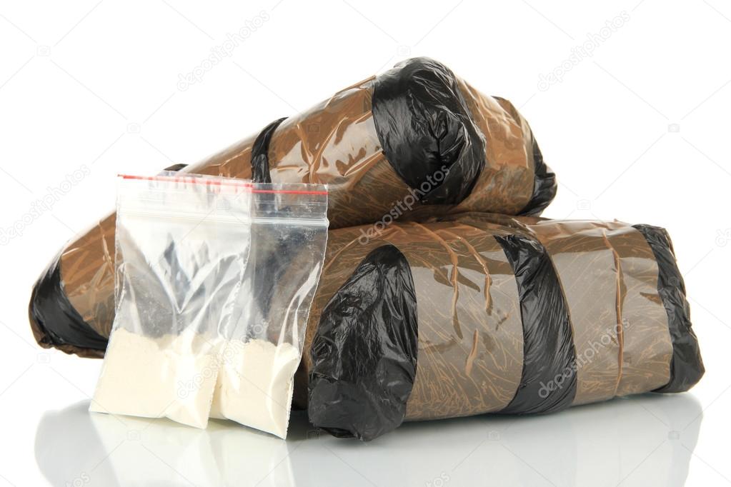 Packages of narcotics isolated on white