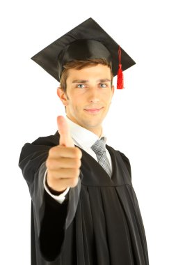 Genç mezuniyet adam, üzerinde beyaz izole