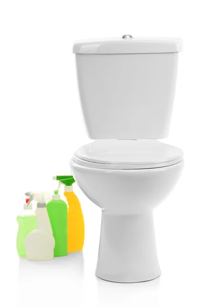 Toilet bowl and cleaning supplies, isolated on white — Stock Photo, Image