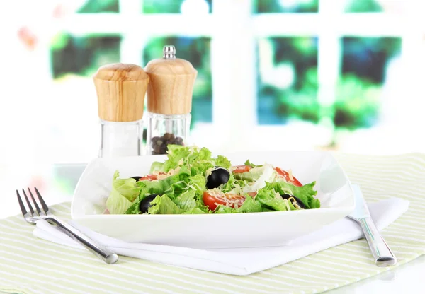 Ensalada ligera en plato sobre servilleta sobre fondo de ventana — Foto de Stock