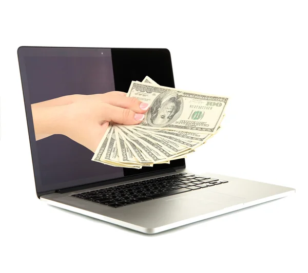 Hand giving money from laptop screen isolated on white — Stock Photo, Image