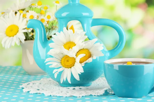 Beautiful bouquet chamomiles in teapot on tablecloth on natural background — Stock Photo, Image