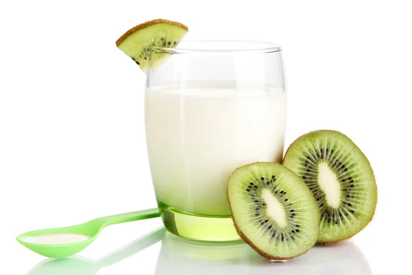 Delicious yogurt with kiwi in glass isolated on white — Stock Photo, Image