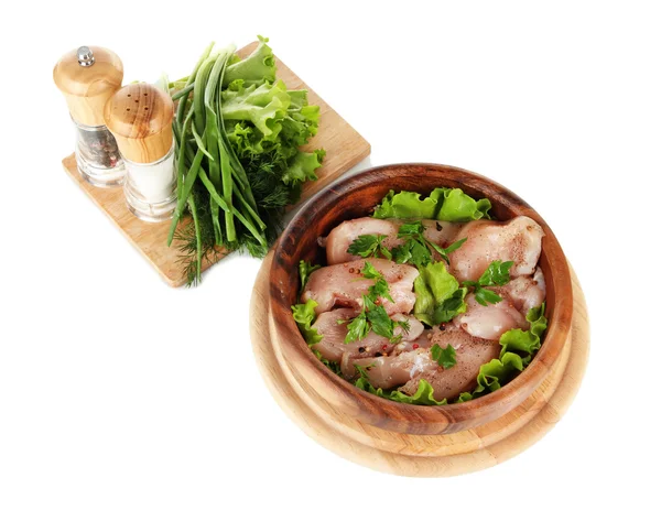 Chicken meat in wooden bowl, herbs, spices isolated on white — Stock Photo, Image