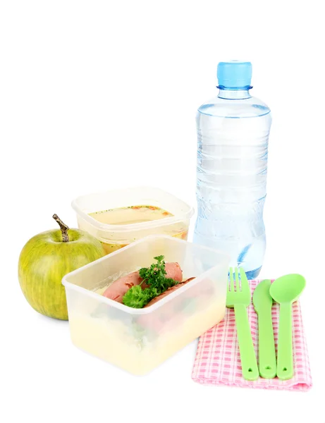 Gustoso pranzo in contenitori di plastica, isolato su bianco — Foto Stock