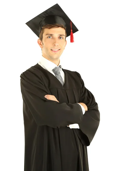 Genç mezuniyet adam, üzerinde beyaz izole — Stok fotoğraf