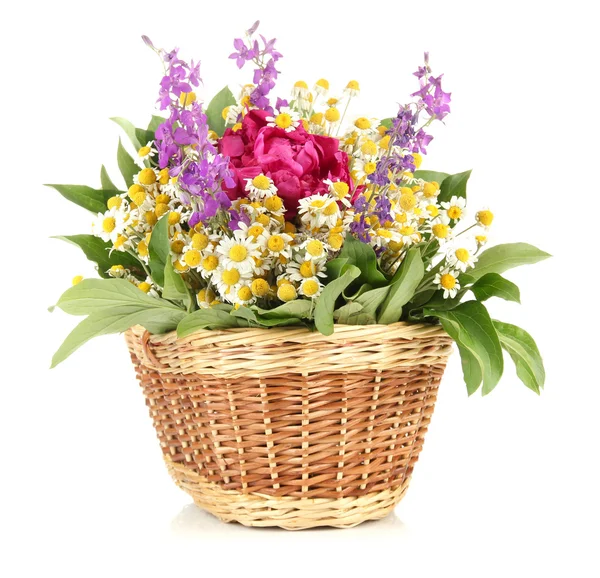 Buquê de flores silvestres em cesta de vime, isolado em branco — Fotografia de Stock