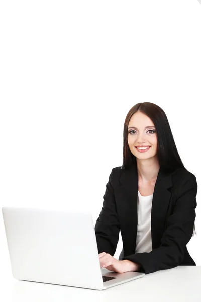 Young business woman working with computer, isolated on white — Stock Photo, Image