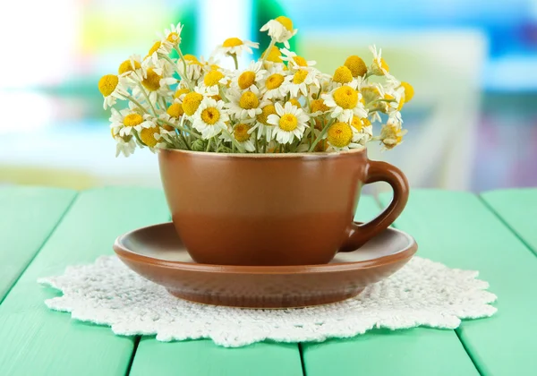 Букет з квітів ромашки в чашці, на яскравому фоні — стокове фото