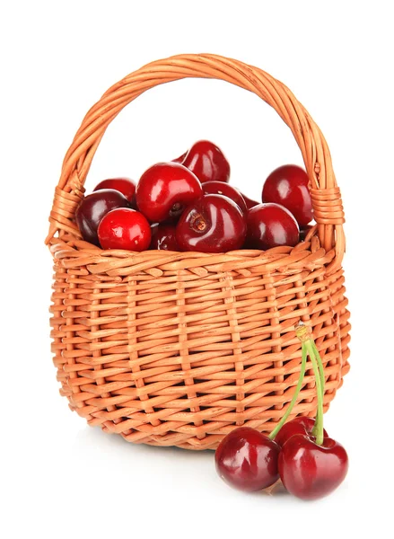 Cherry berries in wicker basket isolated on white — Stock Photo, Image