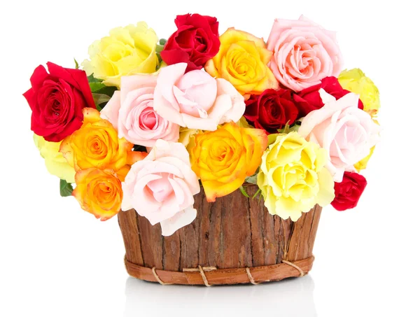 Beautiful bouquet of roses in wooden basket isolated on white — Stock Photo, Image