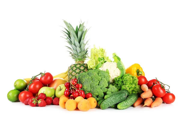 各种各样的新鲜水果和蔬菜，孤立在白色 — 图库照片
