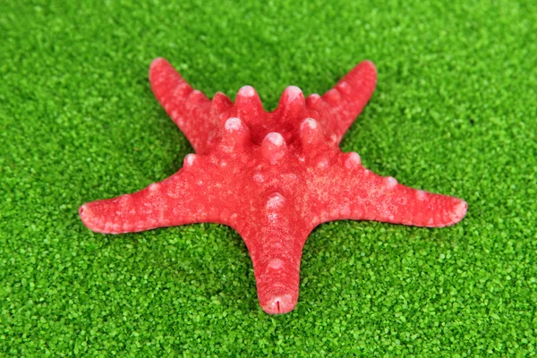 Red starfish on green crystals of sea salt background — Stock Photo, Image