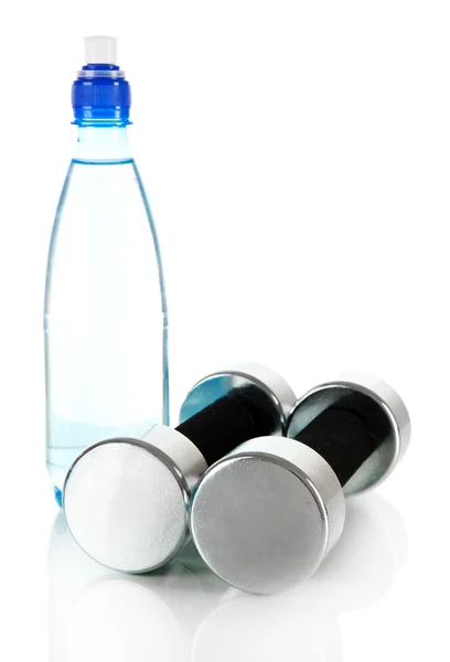 Dumbbells with bottle of water isolated on white — Stock Photo, Image