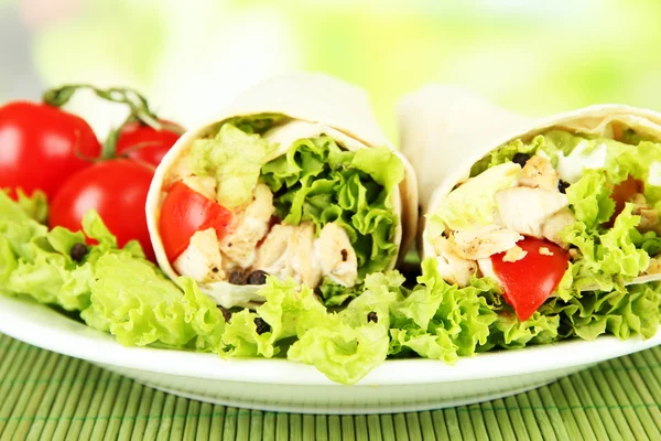 Kebab - gegrilde vlees en groenten, op bamboe mat, op lichte achtergrond — Stockfoto