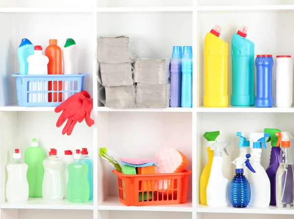 Shelves in pantry with cleaners for home close-up — Stock Photo, Image