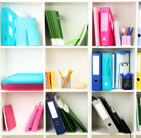 White office shelves with different stationery, close up — Stock Photo, Image