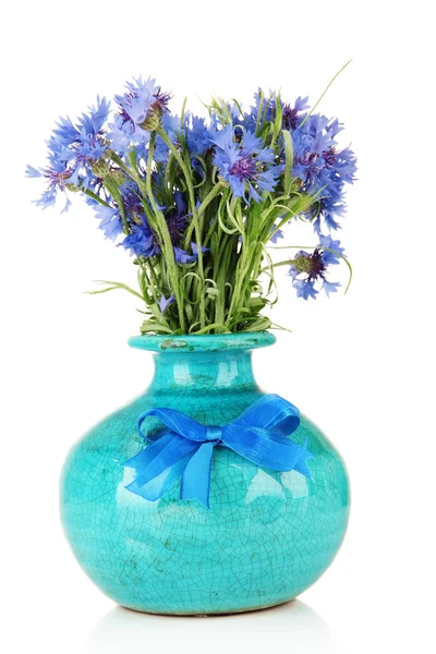 Beautiful bouquet of cornflowers in vase, isolated on white — Stock Photo, Image