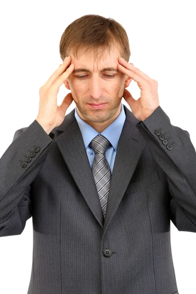 Fiatal üzletember aggódik szenved fejfájás elszigetelt Pünkösd — Stock Fotó