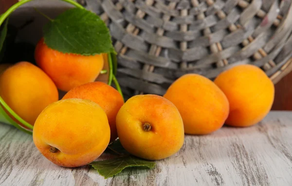 Apricots in bucket on wooden table near wicker coasters — Stock Photo, Image