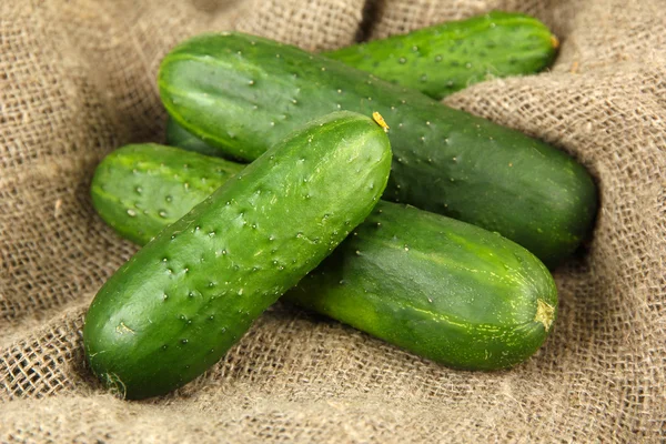 Läckra gröna gurkor på säckväv bakgrund — Stockfoto