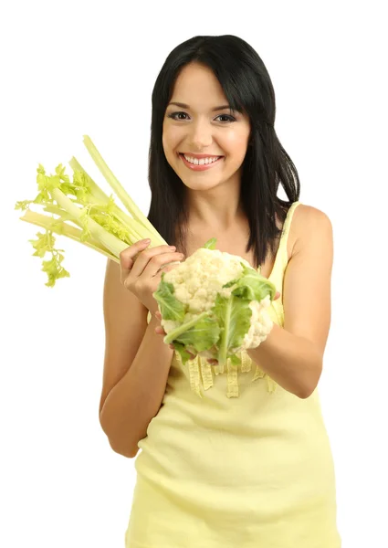 新鲜芹菜、 花椰菜孤立在白色的女孩 — 图库照片