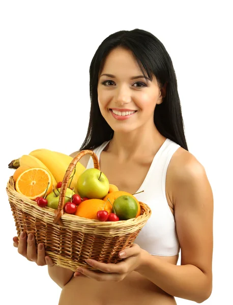 Chica con frutas frescas aisladas en blanco — Foto de Stock
