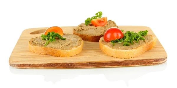 Fresh pate on bread on wooden board, isolated on white — Stock Photo, Image