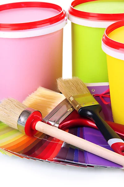 Set for painting: paint pots, brushes, palette of colors close up — Stock Photo, Image