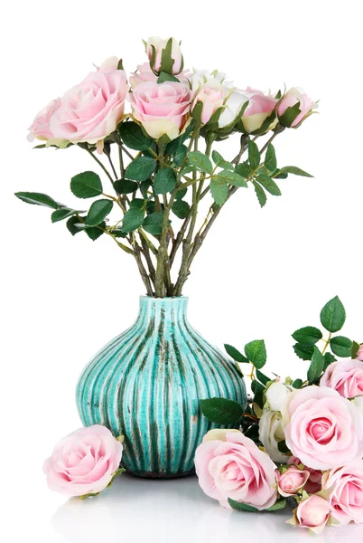 Beautiful pink and white roses in vase isolated on white — Stock Photo, Image