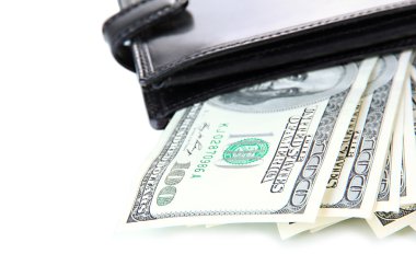 m-cüzdan ile üzerine beyaz izole yüz dolarlık banknot
