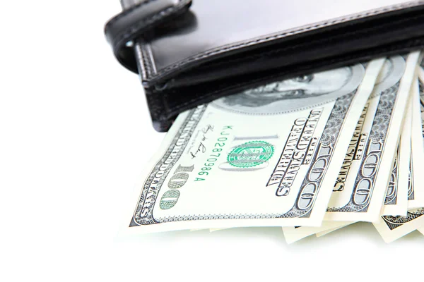 Brieftasche mit Hundert-Dollar-Scheinen, isoliert auf weißem Papier — Stockfoto