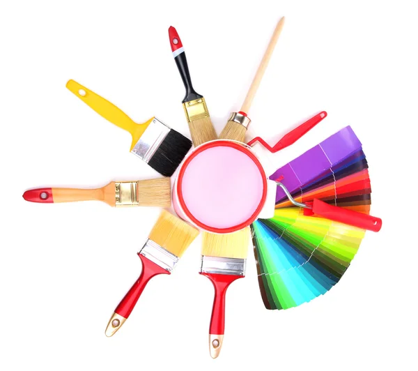Set for painting: paint pots, brushes,paint-roller, palette of colors isolated on white — Stock Photo, Image