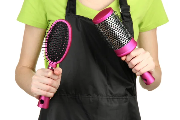 Peluquería en uniforme con herramientas de trabajo, aislado en blanco — Foto de Stock