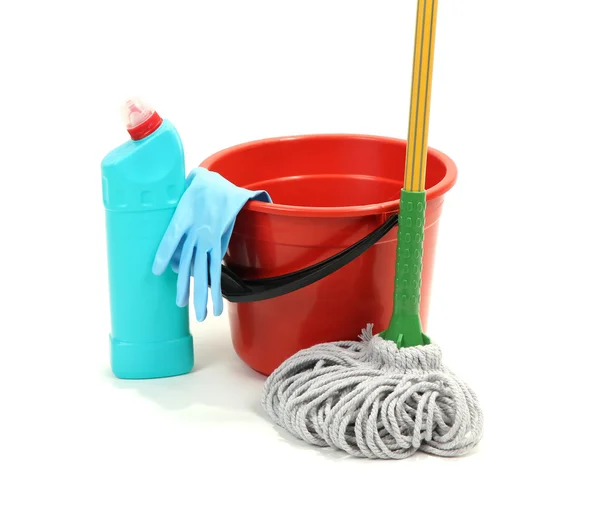 Mop, plastic bucket and rubber gloves, isolated on white — Stock Photo, Image