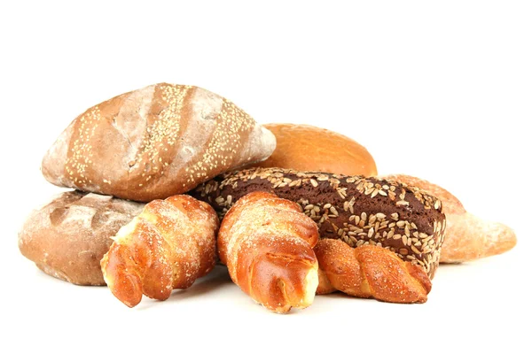 Composizione con pane e panini, isolati su bianco — Foto Stock